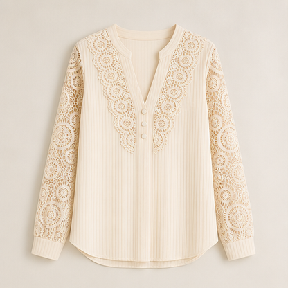 Cream Lace V-Neck Top | Crochet Sleeve Blouse for Women - Long Sleeve Pintuck Top Cream
