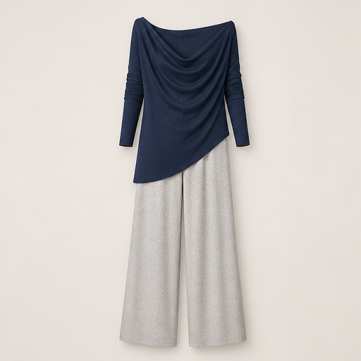 Black Cowl Neck Two Piece Set | Off Shoulder Top & Wide Leg Trousers - Women's Matching Outfit Navy