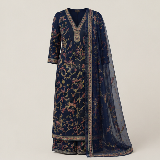 Ivory Banarasi Salwar Suit | Unstitched Silk Three-Piece Set - Hand-Embroidered Zari Floral Suit for Women Navy