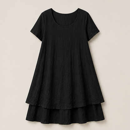 Black Loose Fit Midi Dress | Cotton Linen Tiered Hem Dress for Women - Round Neck A-Line Black