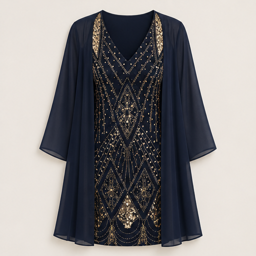 Black Sequin V-Neck Dress & Jacket Set | Two-Piece Evening Outfit with Sheer Chiffon Duster Navy