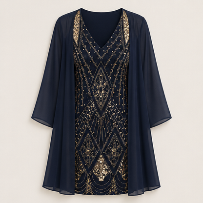 Black Sequin V-Neck Dress & Jacket Set | Two-Piece Evening Outfit with Sheer Chiffon Duster Navy