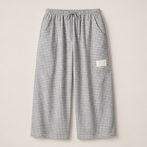 Blue Gingham Wide Leg Trousers | Women's Linen-Blend Plaid Trousers - Drawstring Waist with Pockets Grey Gingham