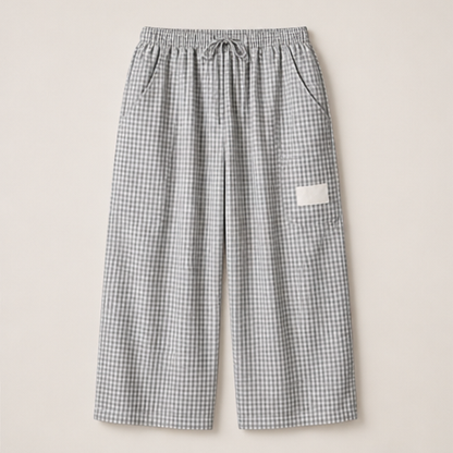 Blue Gingham Wide Leg Trousers | Women's Linen-Blend Plaid Trousers - Drawstring Waist with Pockets Grey Gingham