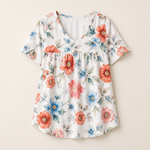 White Printed V-Neck T-Shirt | Pleated Short Sleeve Top for Women - Loose Fit Tunic Blouse White Floral Print