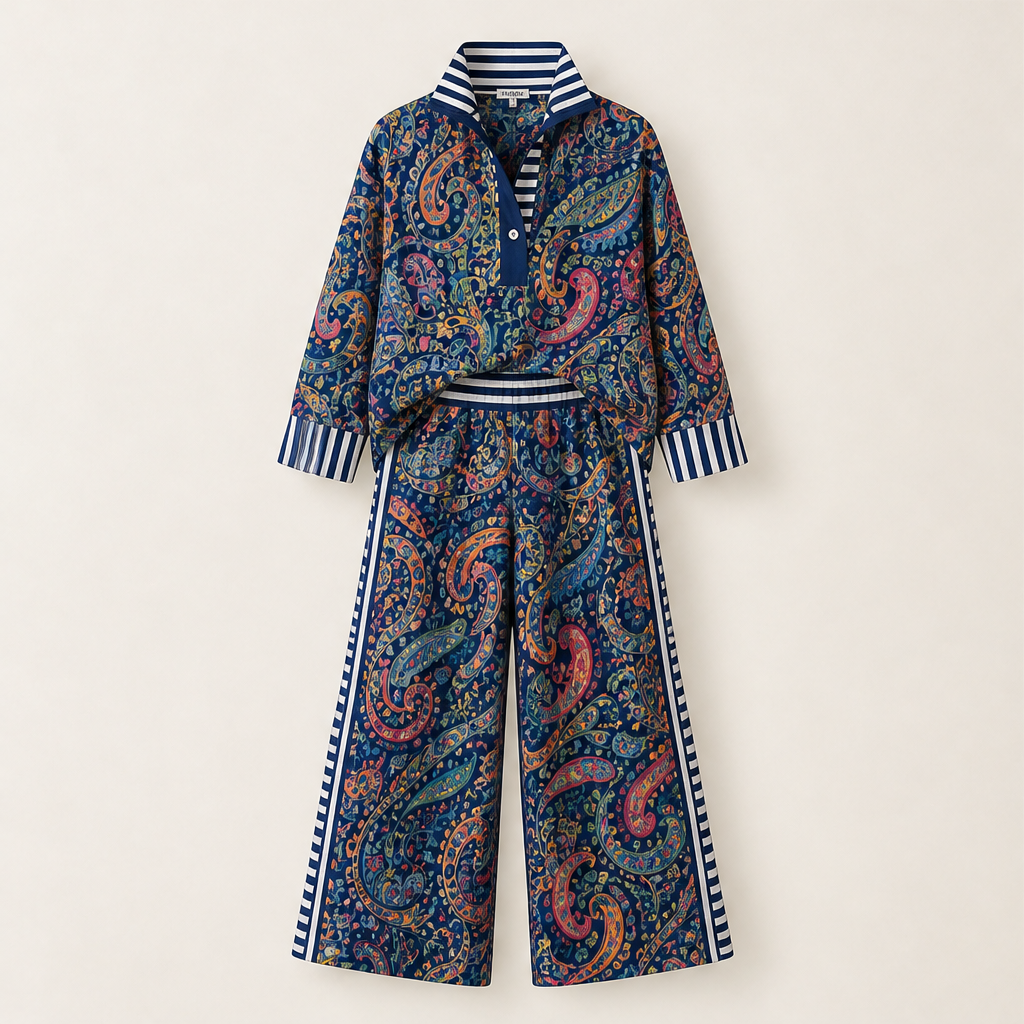 Pink Paisley Two-Piece Set | Contrast-Stripe Wide-Leg Trouser & Top - Women's Matching Set Navy Paisley