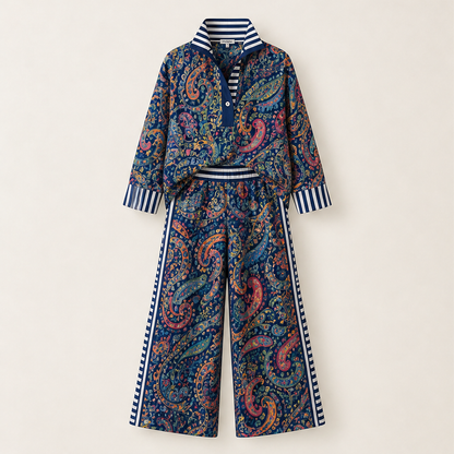 Pink Paisley Two-Piece Set | Contrast-Stripe Wide-Leg Trouser & Top - Women's Matching Set Navy Paisley