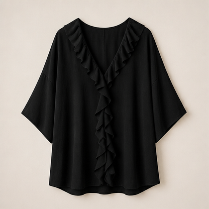 Black Ruffle V-Neck Blouse | Relaxed Fit Top for Women - Textured Three-Quarter Sleeve Black