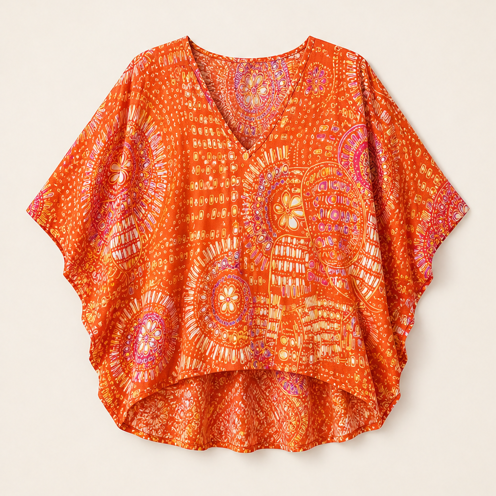 Fuchsia Floral Print Dolman Top | V-Neck Boho Blouse for Women - Batwing Sleeve Orange