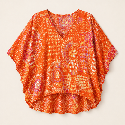 Fuchsia Floral Print Dolman Top | V-Neck Boho Blouse for Women - Batwing Sleeve Orange