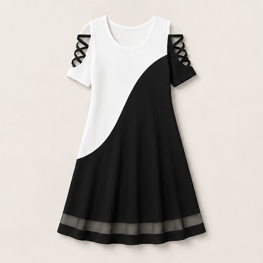 Black & White Colour-Block Midi Dress | Crew Neck Cold Shoulder - Ribbed Knit with Mesh Hem Black/White