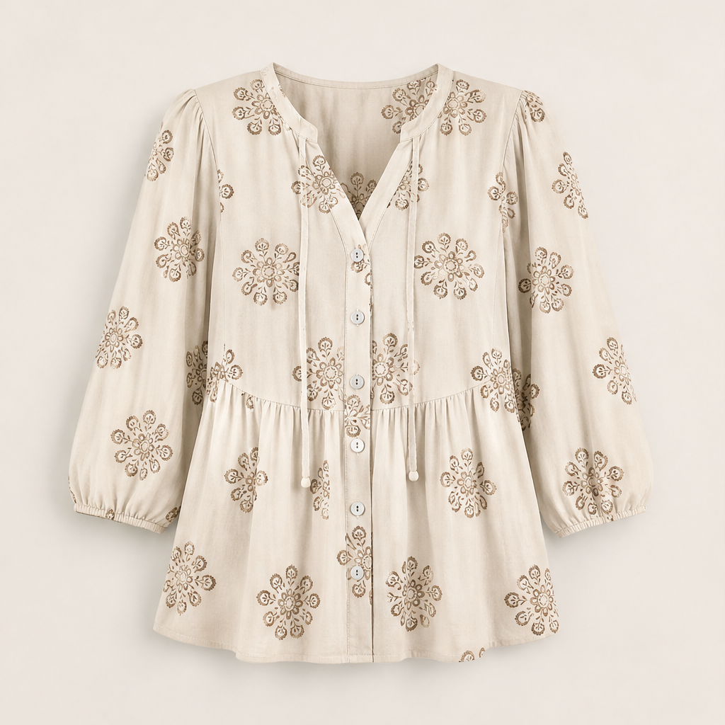Khaki Green Floral Peplum Blouse | Boho V-Neck Button-Down Top - Puff Sleeve Tie Neck Ivory