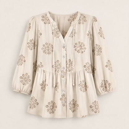 Khaki Green Floral Peplum Blouse | Boho V-Neck Button-Down Top - Puff Sleeve Tie Neck Ivory