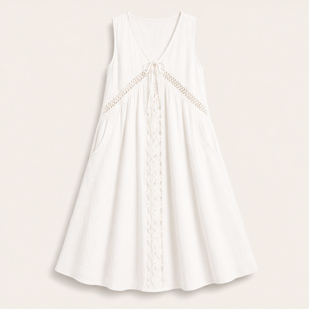 Marisol Women's V-Neck Tie-Front Lace Trim Midi Dress with Hidden Side Pockets - Sleeveless A-Line Summer Dress White