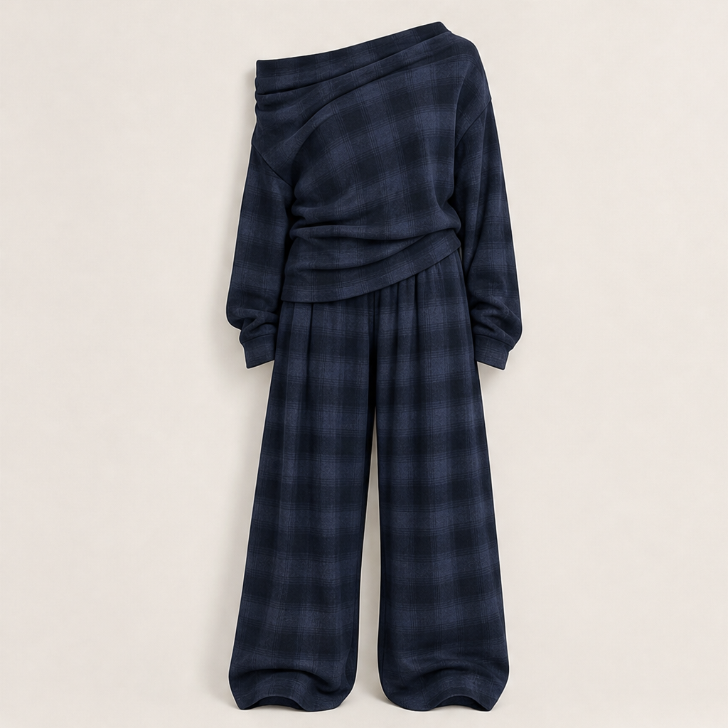 Grey Plaid Off Shoulder Top and Pants Set | Loose Two Piece Outfit - Wide Leg Trousers Navy Plaid