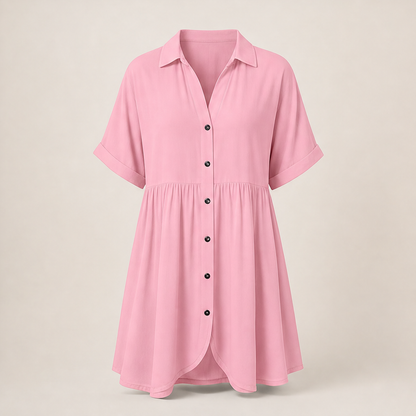 Marlowe Women's Short Sleeve Babydoll Dress - Button Down Shirt Dress with Pockets Pink
