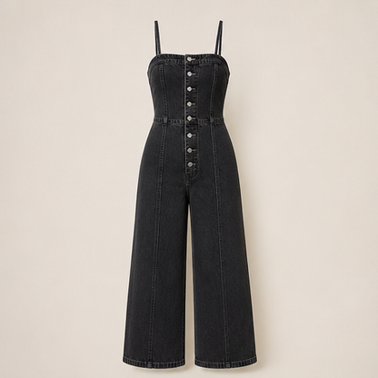 Denim Wide Leg Jumpsuit | Spaghetti Strap Button-Front Style - High Waist for Women Black