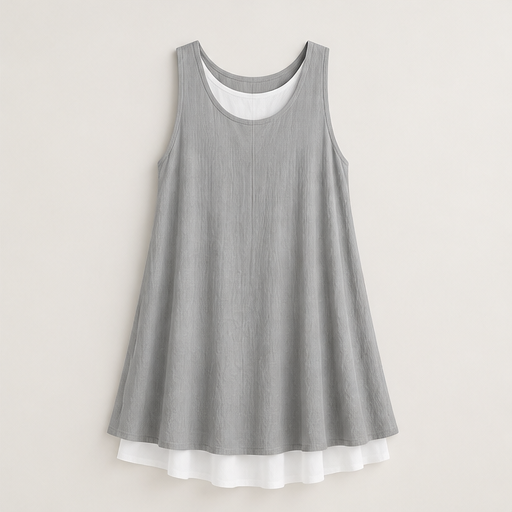 Grey Layered Hem Swing Dress | Sleeveless Linen-Blend Mock Two-Piece - A-Line with Pockets Grey