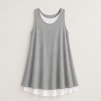 Grey Layered Hem Swing Dress | Sleeveless Linen-Blend Mock Two-Piece - A-Line with Pockets Grey