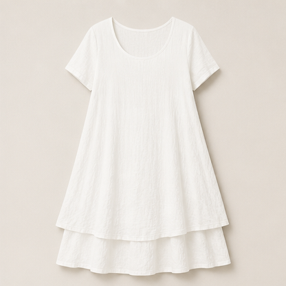 Black Loose Fit Midi Dress | Cotton Linen Tiered Hem Dress for Women - Round Neck A-Line White