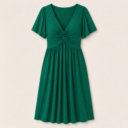 Purple Twist Front V-Neck Dress | Flutter Sleeve Midi with Hidden Pockets - Flowy Fit Emerald