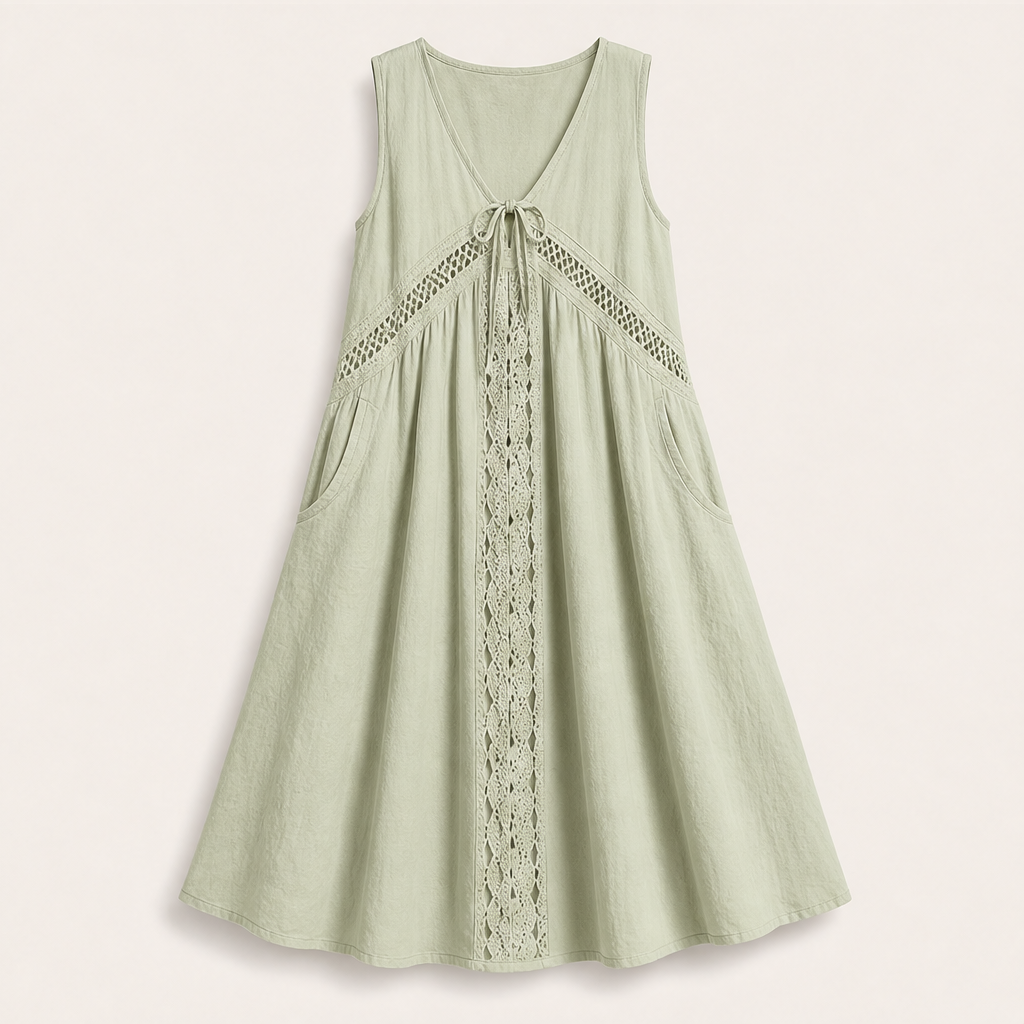 Marisol Women's V-Neck Tie-Front Lace Trim Midi Dress with Hidden Side Pockets - Sleeveless A-Line Summer Dress Sage