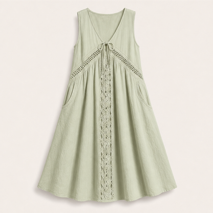 Marisol Women's V-Neck Tie-Front Lace Trim Midi Dress with Hidden Side Pockets - Sleeveless A-Line Summer Dress Sage