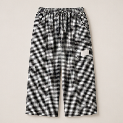 Blue Gingham Wide Leg Trousers | Women's Linen-Blend Plaid Trousers - Drawstring Waist with Pockets Black Gingham