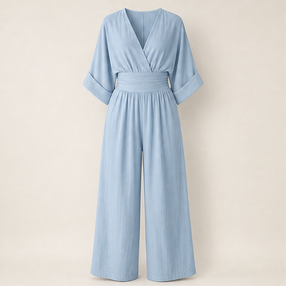 Light Blue V-Neck Jumpsuit | Wide-Leg Linen-Blend Playsuit - Wrap Waist Casual Wear Light Blue