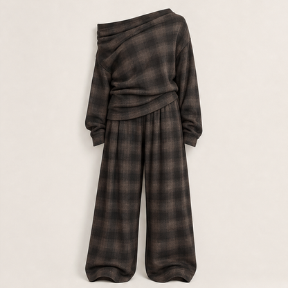 Grey Plaid Off Shoulder Top and Pants Set | Loose Two Piece Outfit - Wide Leg Trousers Brown Plaid