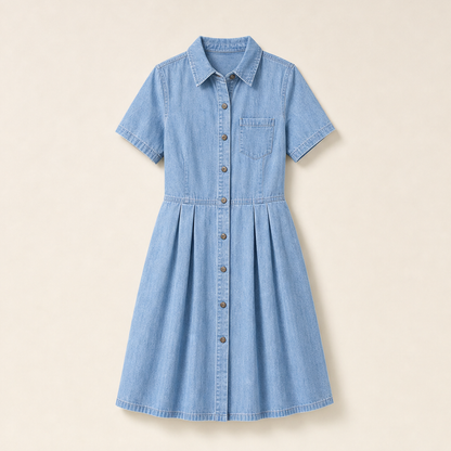 Blue Denim Shirt Dress | Button-Front A-Line Midi - Short Sleeve with Pockets Light Wash Blue