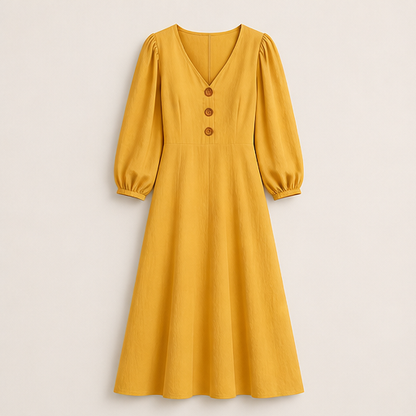 Mustard V-Neck Maxi Dress | Casual Puff Sleeve Long Dress - Linen-Blend with Pockets Mustard