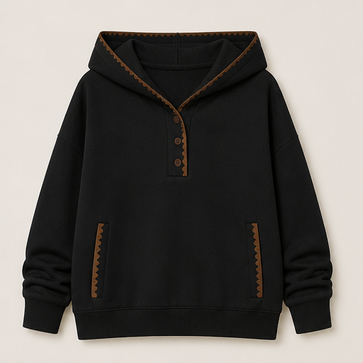 Cream Hooded Tunic Sweatshirt | Oversized Scalloped Trim Hoodie - Half-Button V-Neck with Side Pockets Black