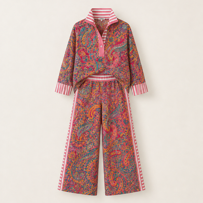 Pink Paisley Two-Piece Set | Contrast-Stripe Wide-Leg Trouser & Top - Women's Matching Set Pink Paisley