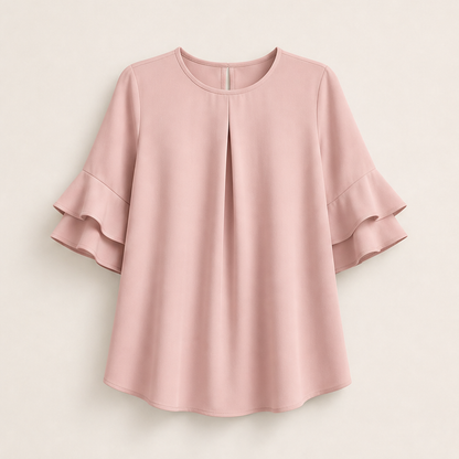 Light Blue Ruffle Sleeve Blouse | Tiered Bell Sleeve Top for Women - Round Neck with Front Pleat Blush Pink