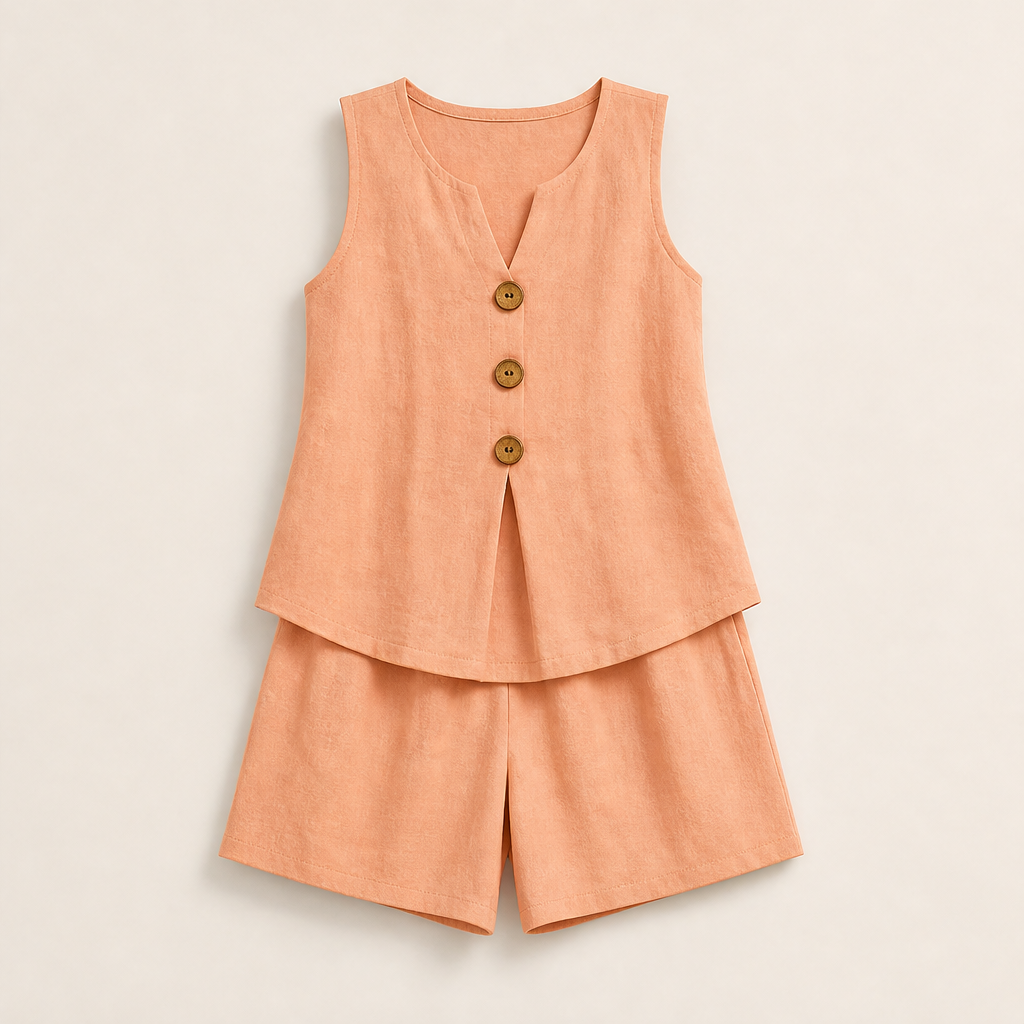 Beige Linen Two-Piece Shorts Set | Sleeveless Button Top & Shorts - Women's Summer Matching Set Peach