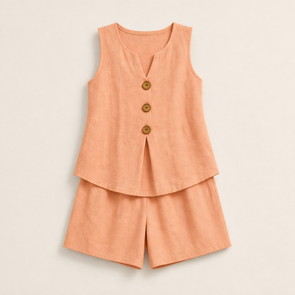 Beige Linen Two-Piece Shorts Set | Sleeveless Button Top & Shorts - Women's Summer Matching Set Peach