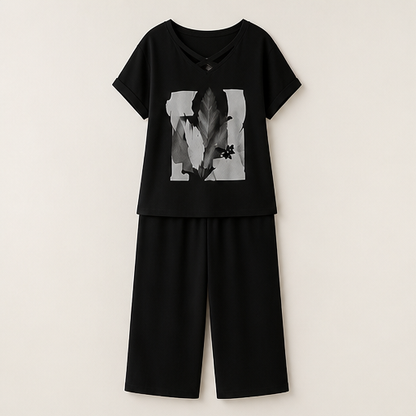 Beige Cropped Trouser & Top Set | Casual Two-Piece Outfit for Women - V-Neck Tee with Wide-Leg Culottes Black
