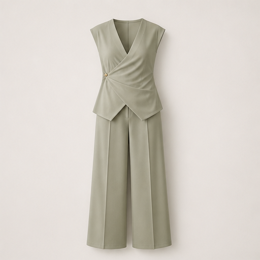White Wrap Top Two-Piece Set | V-Neck Wide Leg Trouser Set for Women - Button Detail Sage