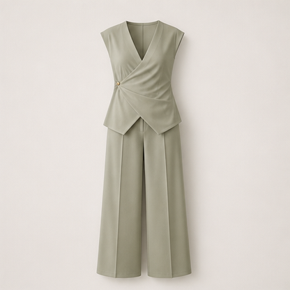White Wrap Top Two-Piece Set | V-Neck Wide Leg Trouser Set for Women - Button Detail Sage