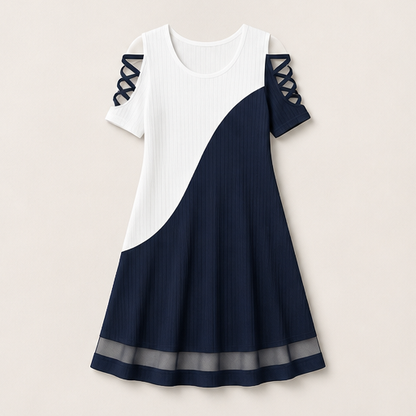 Black & White Colour-Block Midi Dress | Crew Neck Cold Shoulder - Ribbed Knit with Mesh Hem Navy/White
