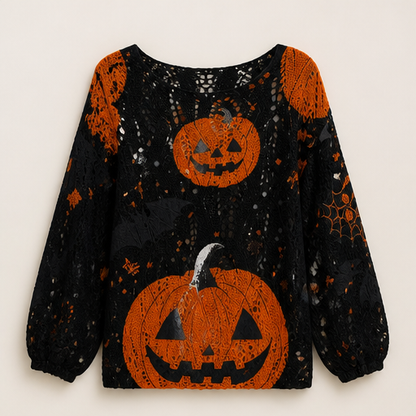 Black Pumpkin Print Sweater | Halloween Crochet Cutout Knit Top - Oversized Long Sleeve for Women Black