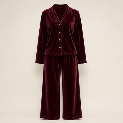 Black Velvet Loungeset | Two-Piece Shirt & Wide Leg Trouser Set for Women Burgundy