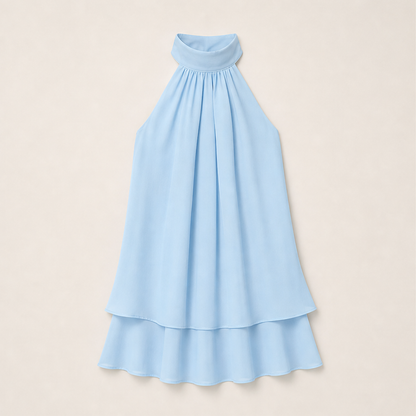 Marisol Women's Flowy Halter Drop-Waist Mini Dress - Backless Tiered Chiffon Summer Dress Light Blue
