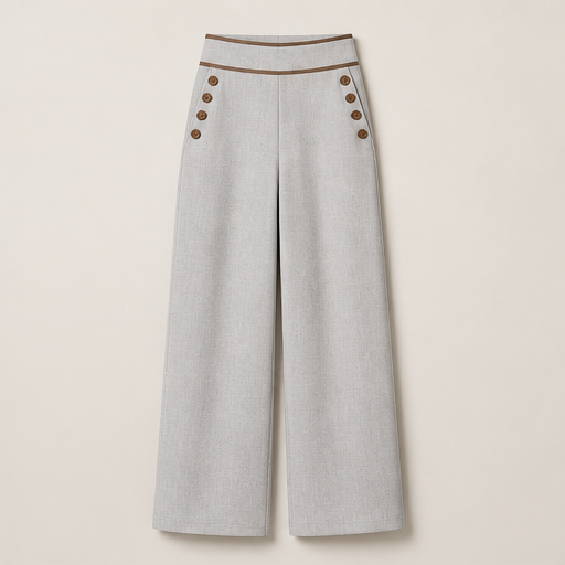 Ecru Wide-Leg Trousers | High-Waisted Tailored Trousers for Women - Contrast Trim with Button Detail Light Grey
