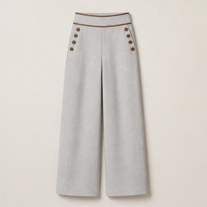 Ecru Wide-Leg Trousers | High-Waisted Tailored Trousers for Women - Contrast Trim with Button Detail Light Grey