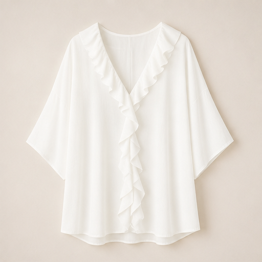 Black Ruffle V-Neck Blouse | Relaxed Fit Top for Women - Textured Three-Quarter Sleeve White