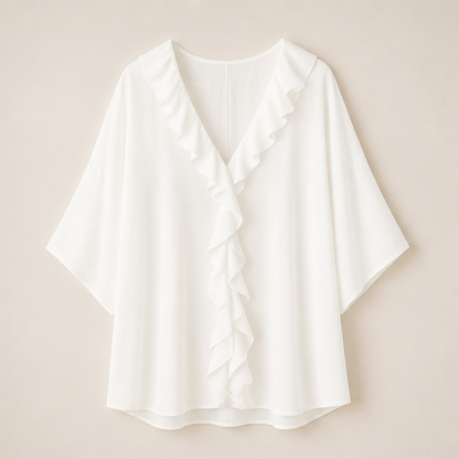 Black Ruffle V-Neck Blouse | Relaxed Fit Top for Women - Textured Three-Quarter Sleeve White