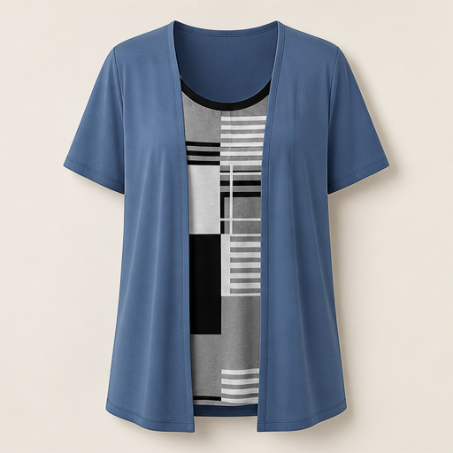 Black Fake Two Piece Top | Colour-Block Layered Look Blouse - Short Sleeve Cardigan Style Blue