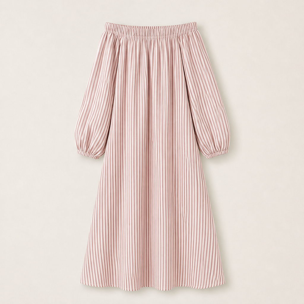 Beige Stripe Off Shoulder Maxi Dress | Lantern Sleeve Boho Dress - Relaxed Fit with Side Pockets Pink Stripe